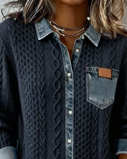 Jersey de Punto Trenzado con Detalles Denim