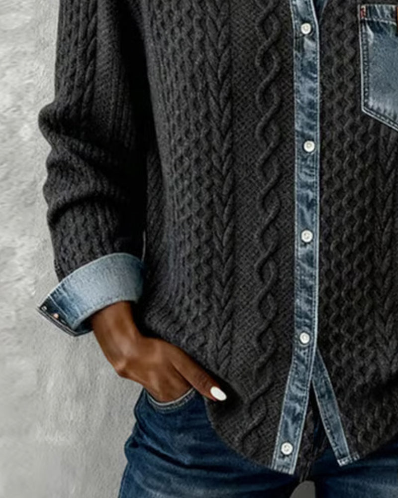 Jersey de Punto Trenzado con Detalles Denim