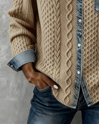 Jersey de Punto Trenzado con Detalles Denim