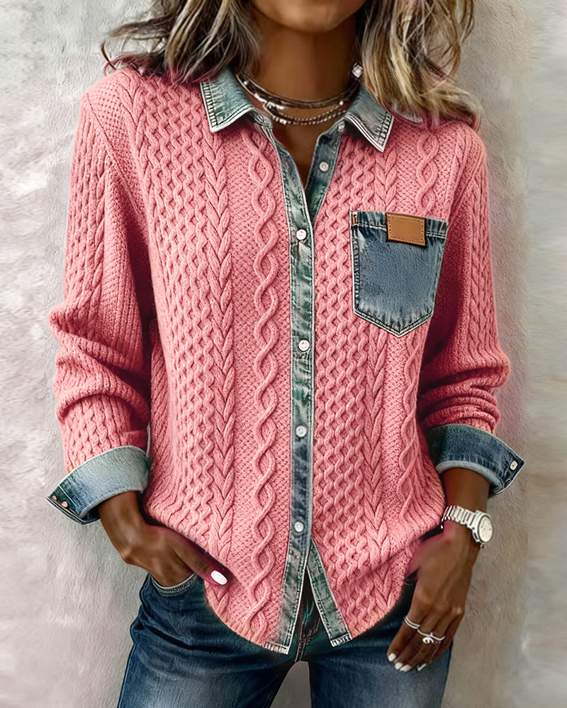 Jersey de Punto Trenzado con Detalles Denim
