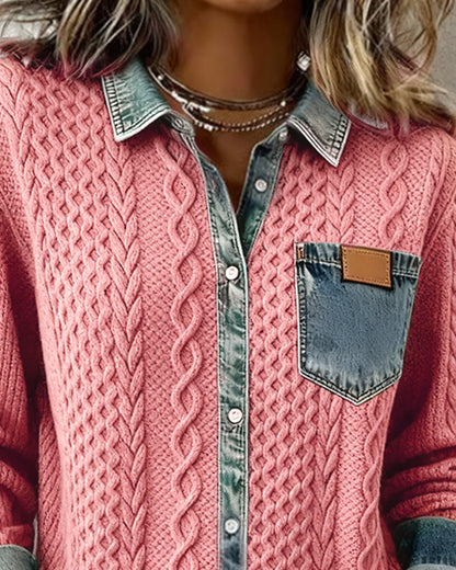 Jersey de Punto Trenzado con Detalles Denim