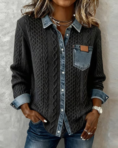 Jersey de Punto Trenzado con Detalles Denim