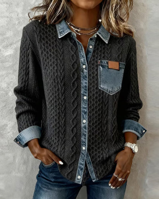 Jersey de Punto Trenzado con Detalles Denim