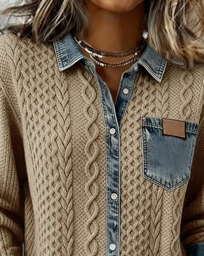 Jersey de Punto Trenzado con Detalles Denim