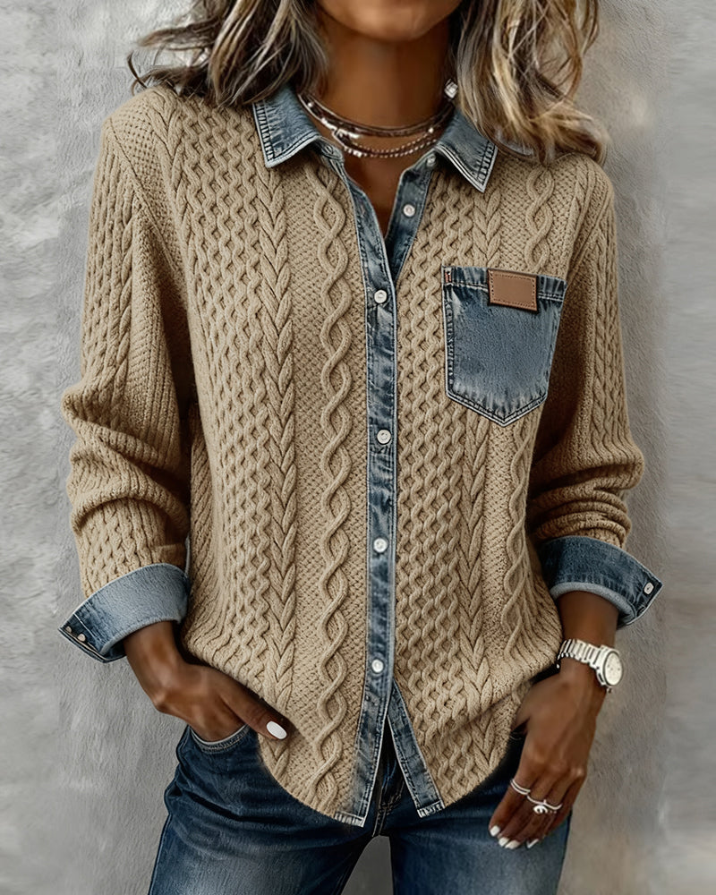 Jersey de Punto Trenzado con Detalles Denim