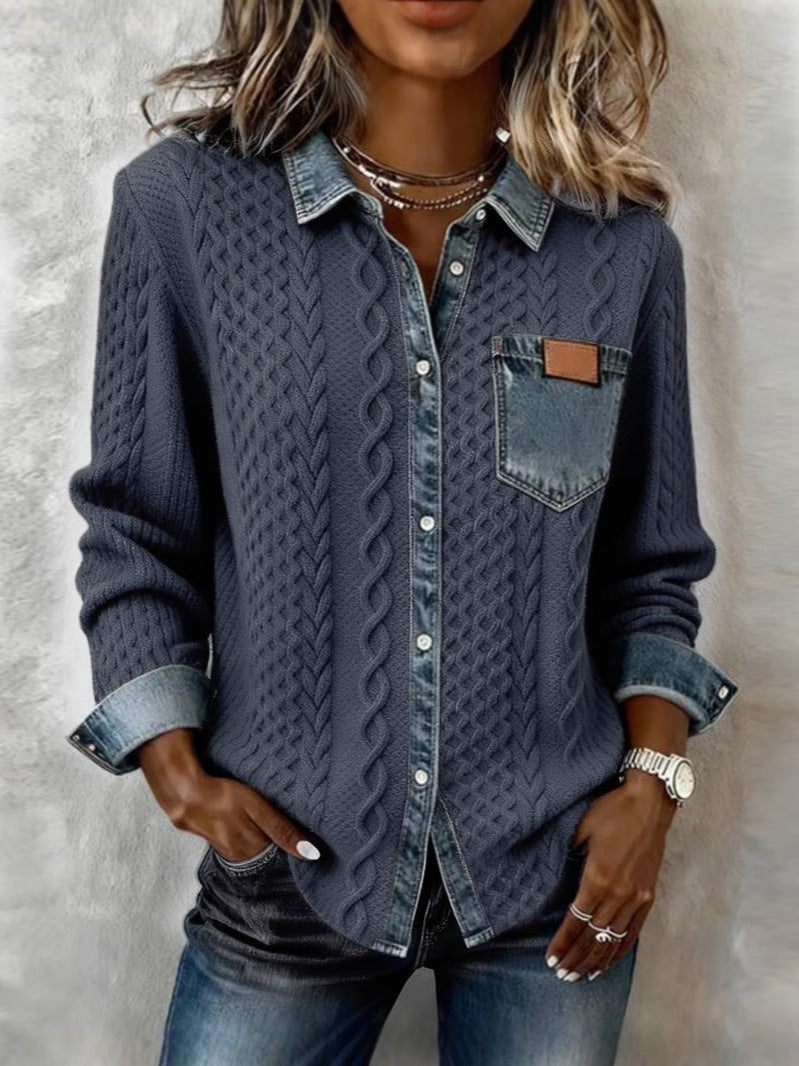 Jersey de Punto Trenzado con Detalles Denim