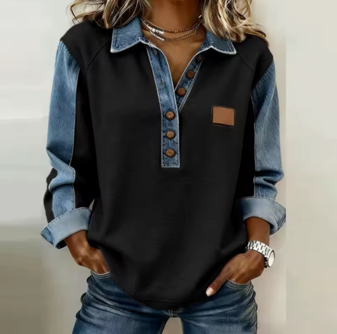Jersey Bicolor con Mangas Efecto Denim
