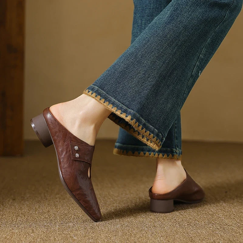 Olga | Mules de piel auténtica con tacón de bloque