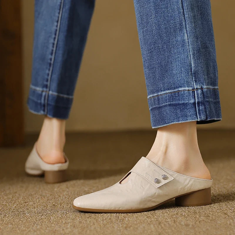 Olga | Mules de piel auténtica con tacón de bloque