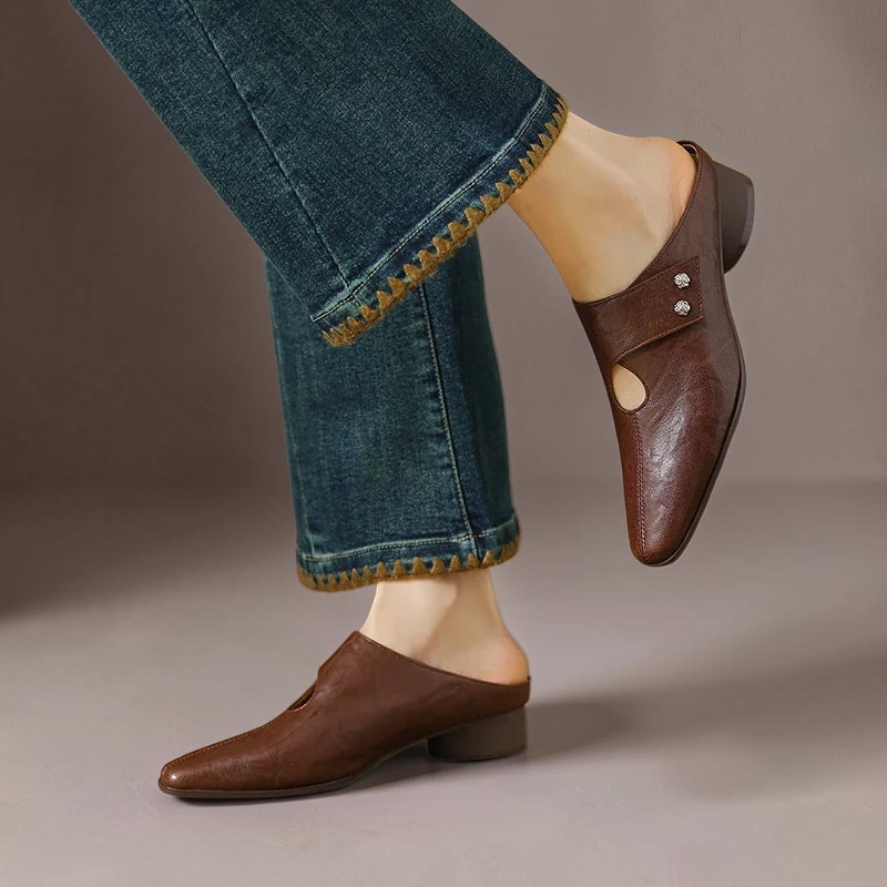 Olga | Mules de piel auténtica con tacón de bloque